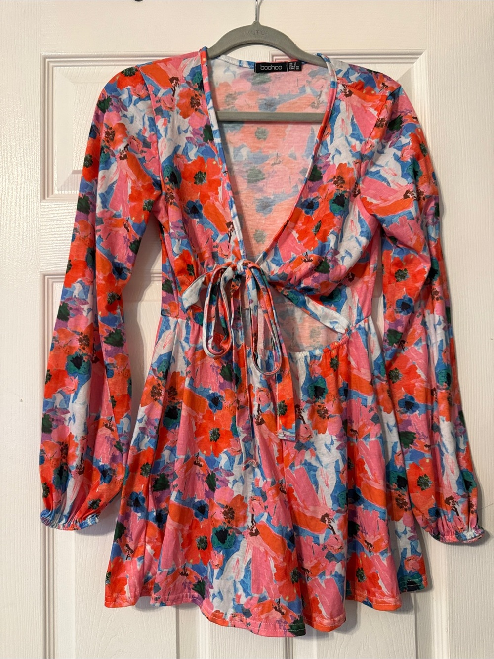Boohoo Pink & Red Floral Long Sleeve Tie-Front Mini Dress